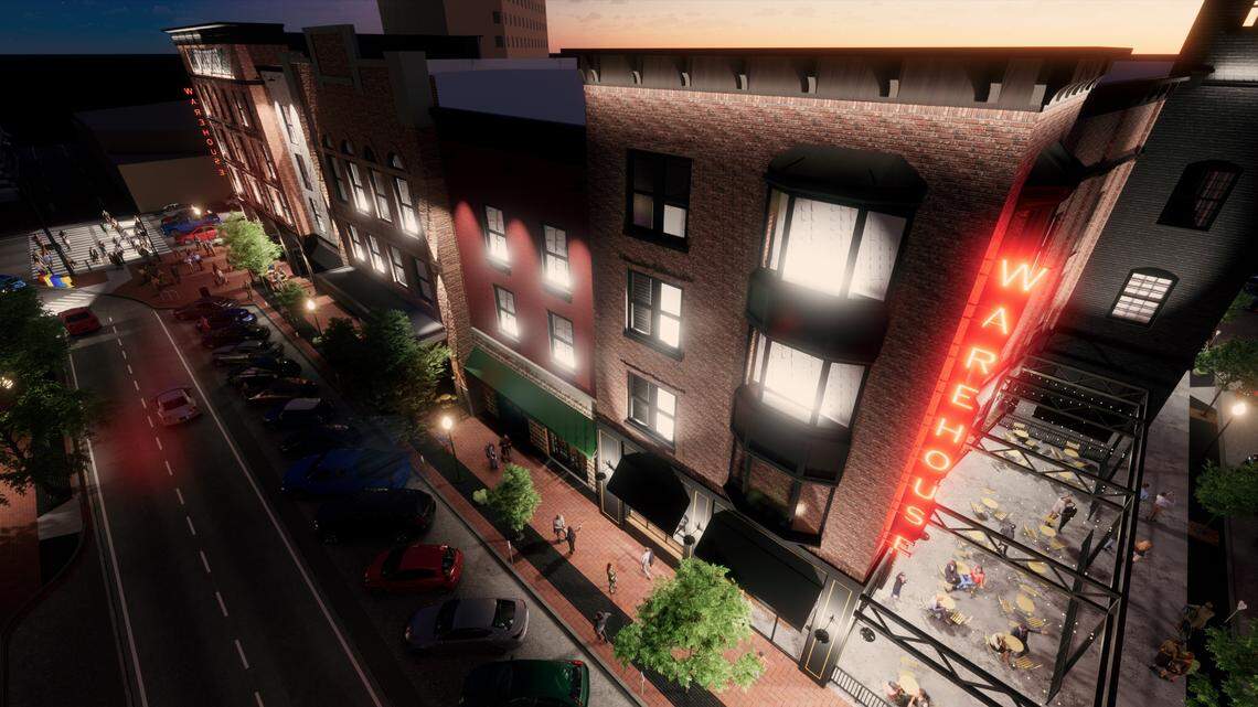 An aerial rendering of the exterior of The Warehouse, slated for downtown Boise in 2022.