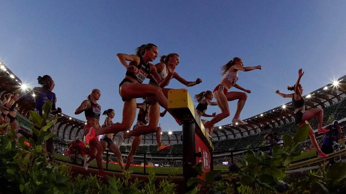 Runners compete in the women’s 3000-meter steeplechase at the U.S. Olympic Track and Field Trials on Thursday in Eugene, Oregon. Boise State alums Marisa Howard and Allie Ostrander finished fifth and eighth, respectively.