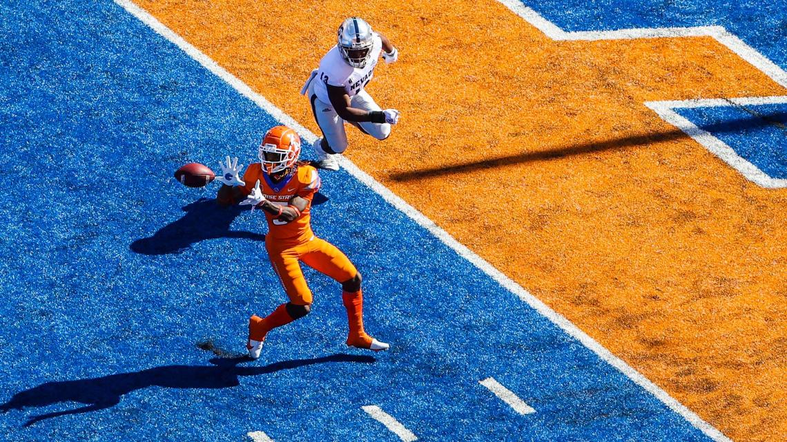 SATURDAY'S GAME: Boise State wide receiver Stefan Cobbs hauls in a 25-yard TD pass from quarterback Hank Bachmeier on the Broncos’ first drive Saturday afternoon at Albertsons Stadium. Boise State faced Nevada in a key Mountain West Conference game. Go to idahostatesman.com and see Monday's Idaho Statesman for full coverage.