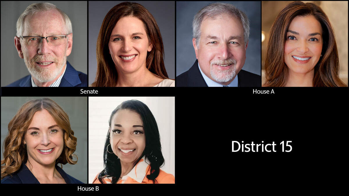 Candidates for Boise’s Legislative District 15 Senate and House seats in the Nov. 5 election. Clockwise from top left: Rick Just (D), Codi Galloway (R), Steve Berch (D), Annette Tipton (R), Shari Baber (D) and Dori Healey (R).