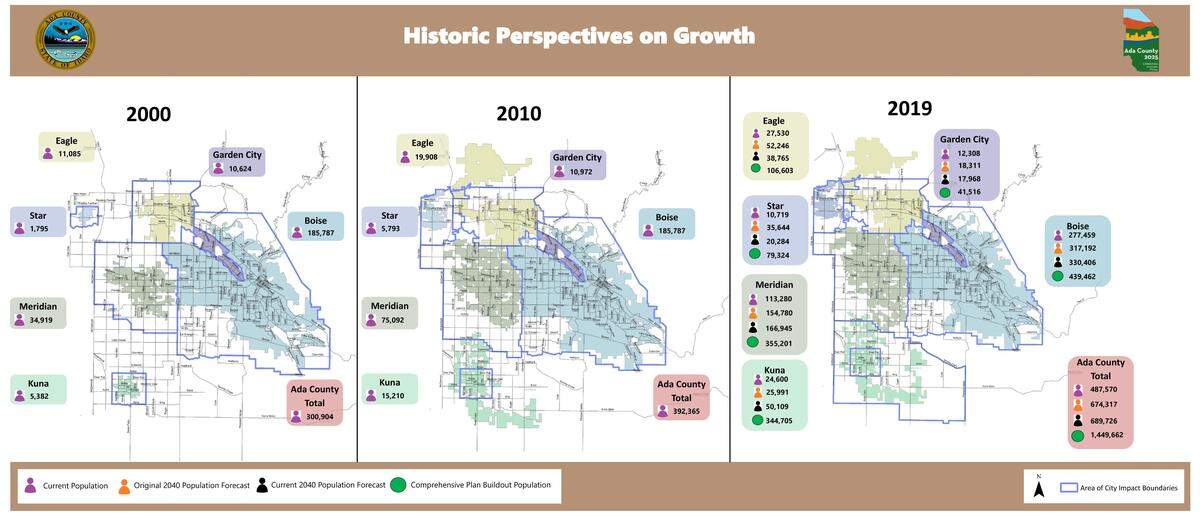 This map by Ada County’s Development Services Department shows how cities have spread as they have annexed unincorporated county land.