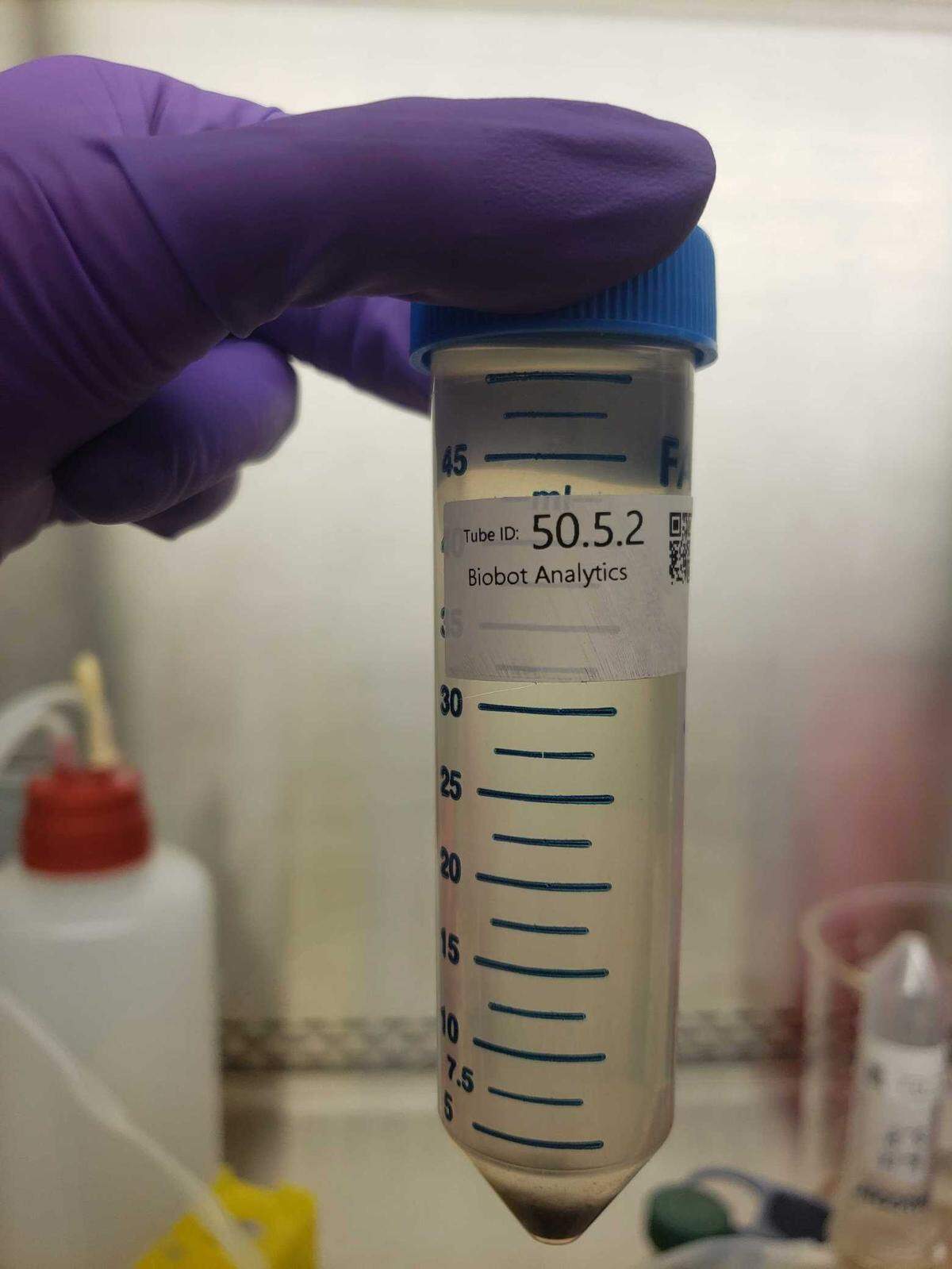A sample of wastewater sent to Biobot, prior to its analysis. Biobot spearheaded testing wastewater for coronavirus, which is useful to track the advance of the epidemic in local communities.