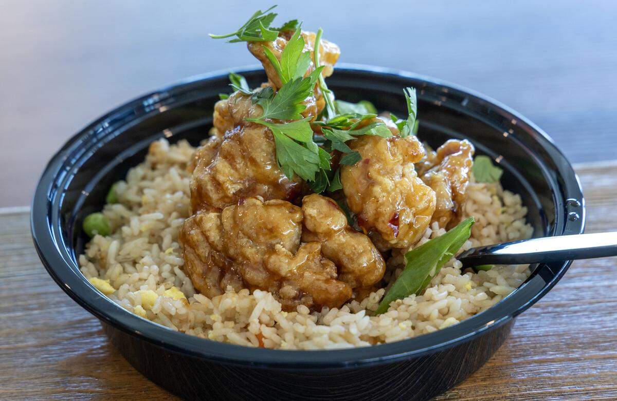 Orange chicken on fried rice, one of 10 new food concessions on the menu at at Albertsons Stadium this coming season.