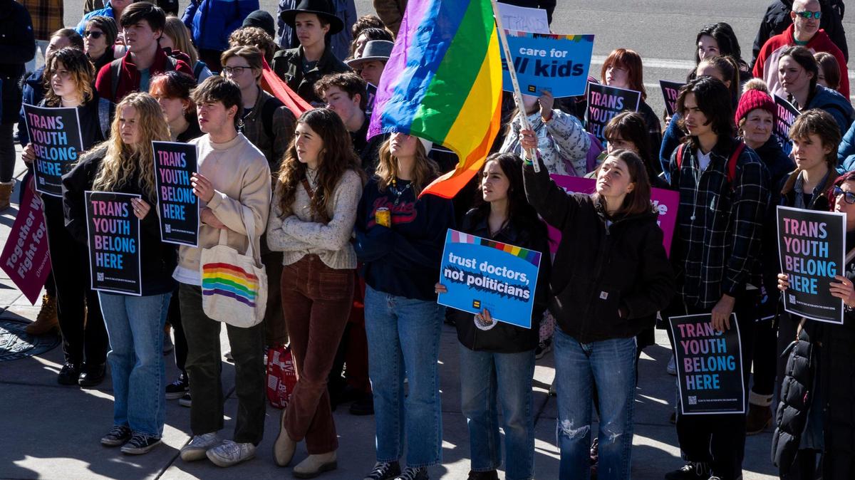 More than 300 people gathered in front of the Idaho Statehouse in February in opposition to a ban on gender-affirming care.