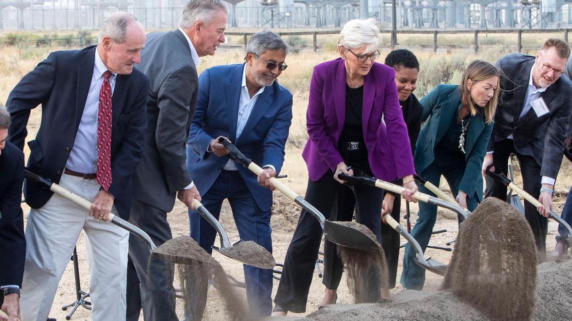 Micron Technology Inc. President and CEO Sanjay Mehrotra, third from left, breaks ground Monday for a $15 billion memory manufacturing plant on Micron’s Southeast Boise campus. From left are U.S. Sen. Jim Risch, Idaho Gov. Brad Little, Mehrotra, U.S. Secretary of Energy Jennifer M. Granholm, White House Office of Science and Technology Policy Acting Director Dr. Alondra Nelson, Boise Mayor Lauren McLean, and Scott DeBoer, Micron’s executive vice president of technology and products.