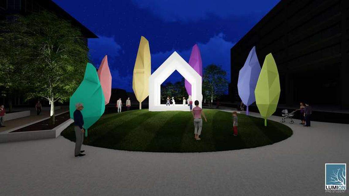 Night Light, one of two ideas proposed by artist Matthew Mazzotta for downtown Boise’s new Westside Urban Park, would be a house-like structure surrounded by colorful fake trees.