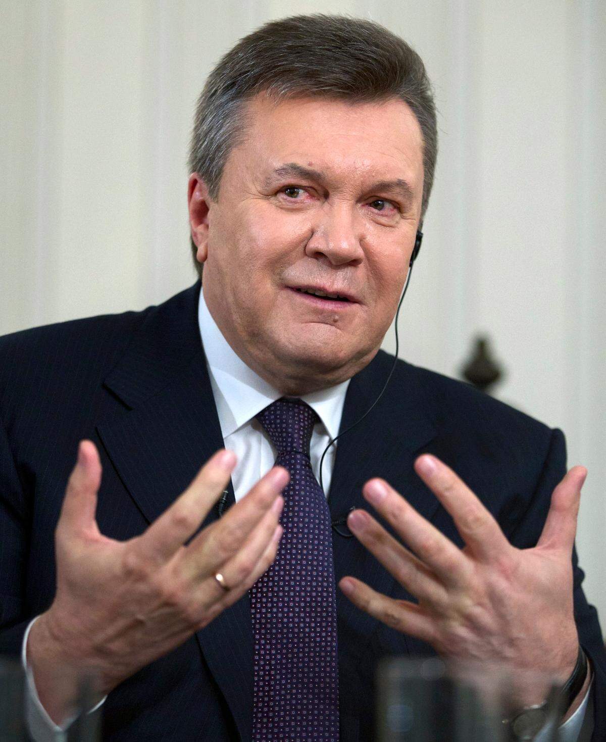 Ousted Ukrainian President Viktor Yanukovych gestures during an interview with The Associated Press, in Rostov-on-Don, Russia, in April 2014.