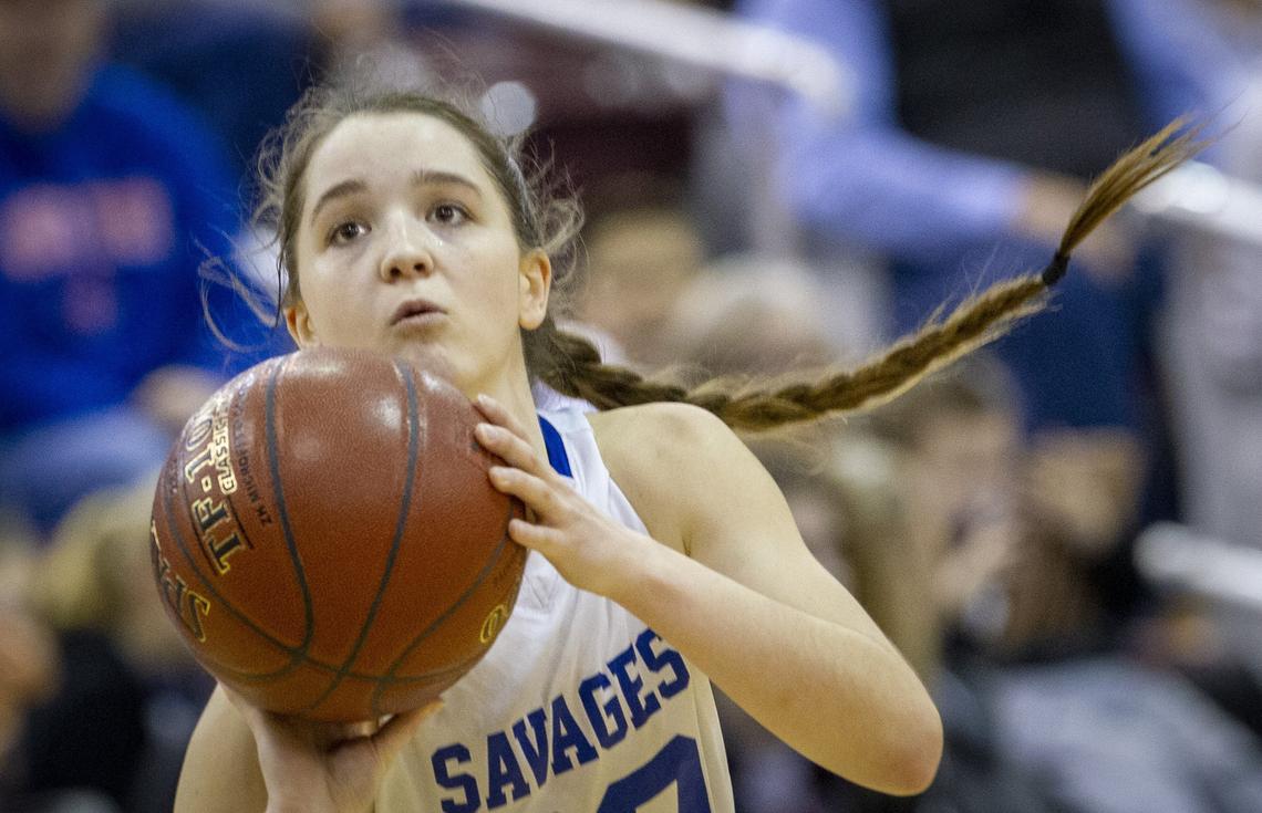 Salmon River senior Chevelle Shepherd scored 29 of her team’s 48 points in their 48-56 loss against Carey. Salmon River took second place 48-56 against Carey in the 1A Div. II state girls basketball championship at the Idaho Center on Saturday, Feb. 16, 2019.