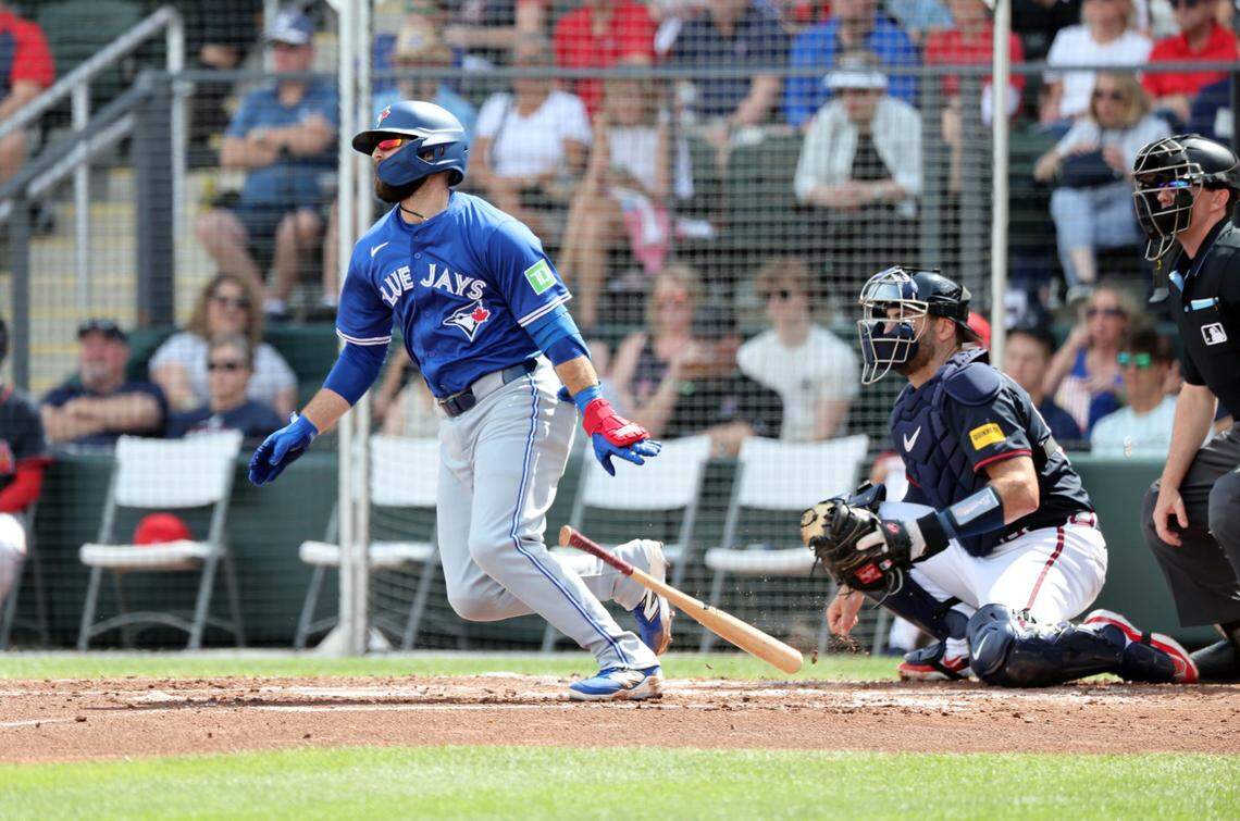 Mar 1, 2025; North Port, Florida, USA; Toronto Blue Jays infielder Michael Stefanic (16) singles during the second inning against the Atlanta Braves  at CoolToday Park. Mandatory Credit: Kim Klement Neitzel-Imagn Images
