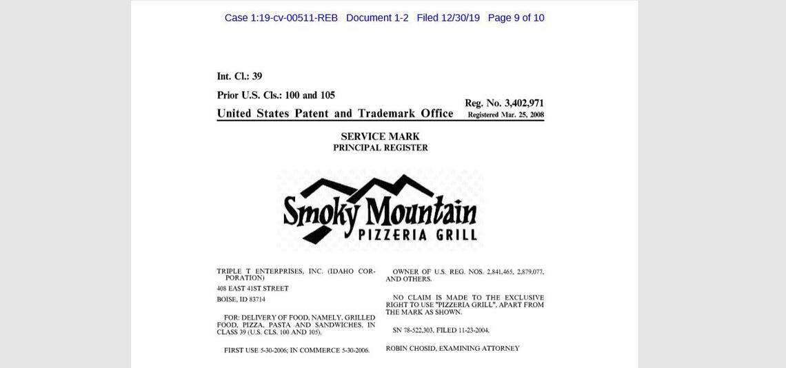 Smoky Mountain Pizzeria Grill has registered more than a dozen trademarks with the U.S. Patent and Trademark Office for its name, logo and food. This one is included in the U.S. District Court file for a lawsuit by Smoky Mountain’s parent company, Triple T Enterprises, against chicken giant KFC.