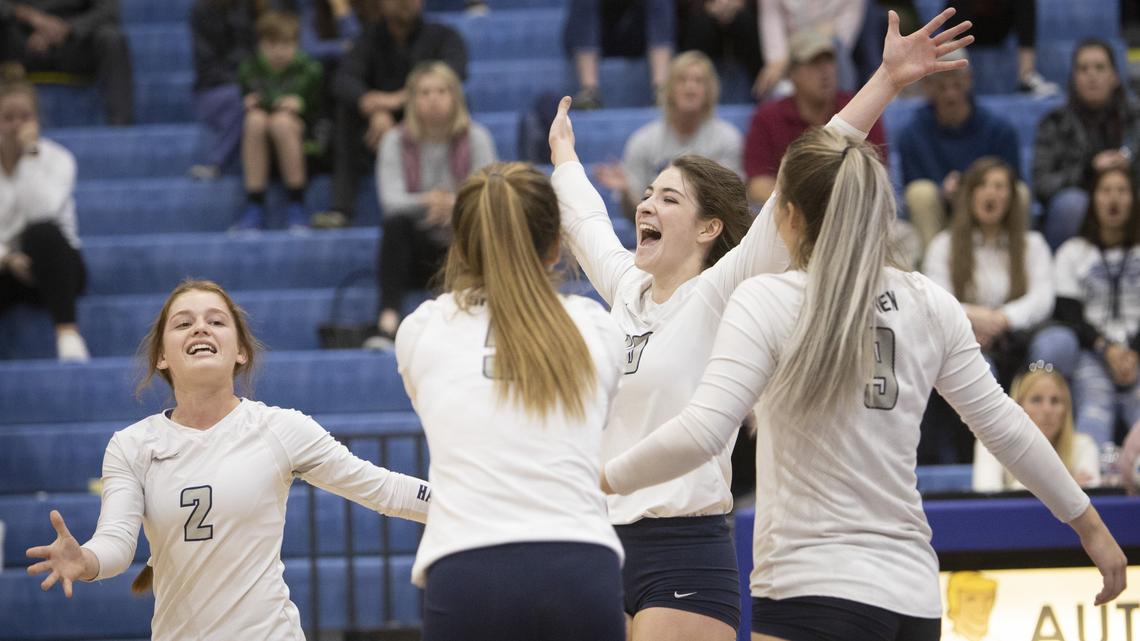Skyview’s Molly Anderson, center, and teammates celebrate a point in a tight second set that Boise won. Skyview went on to beat Boise in five sets to win the 5A District Three volleyball championship on Thursday, Oct. 24, 2019. Both teams advance to the state tournament.