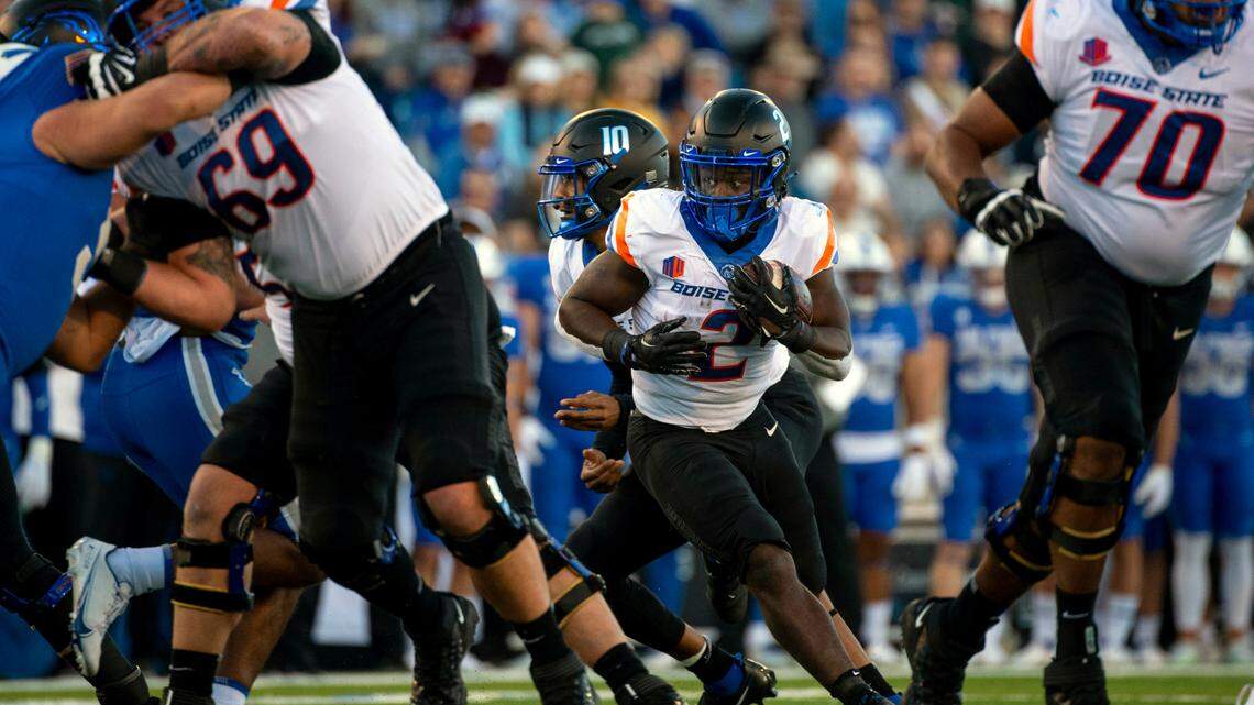 Boise State running back Ashton Jeanty carries the ball against Air Force. Jeanty posted 95 all-purpose yards in the first half of the Broncos’ 19-14 win, but he didn’t play in the second half because of an undisclosed injury.
