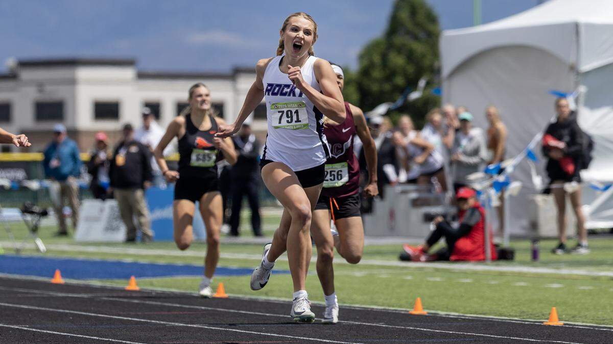 Rocky Mountain's Lily Munson comes in first in the girls 400 meter race at the IHSAA 6A/5A Track and Field Championships, Saturday, May 16, 2026 at Mountain View High School.
