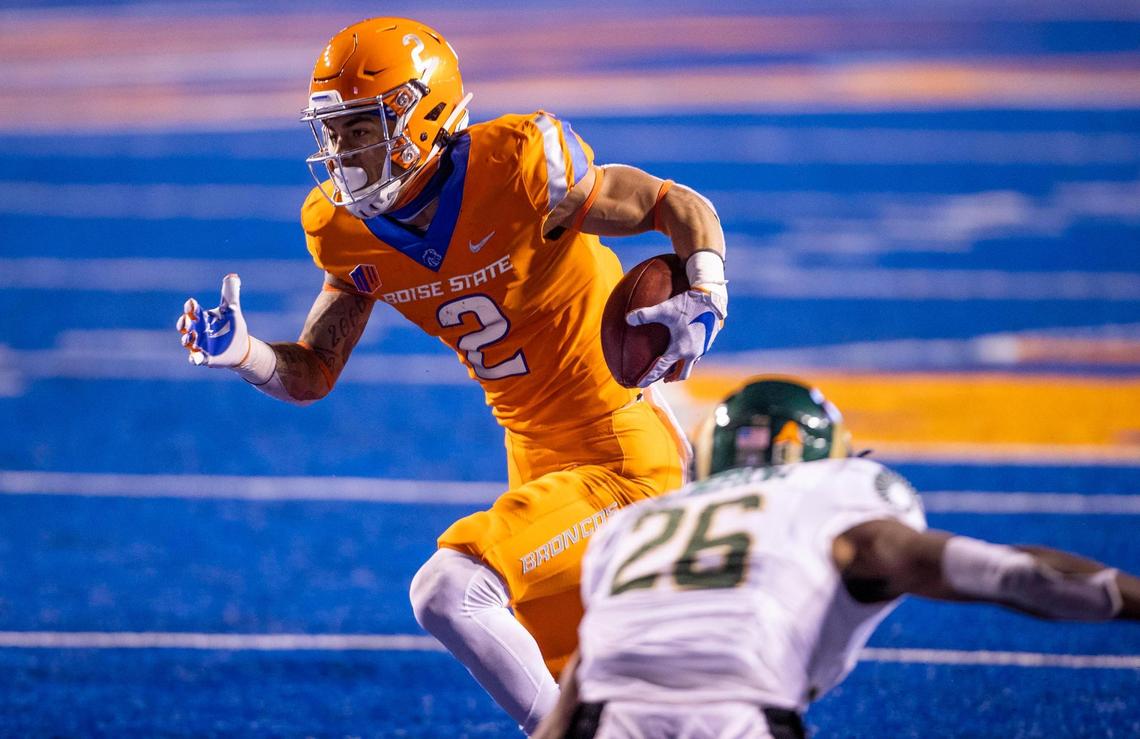 Boise State wide receiver Khalil Shakir (2) cuts back to the goal line where he Colorado State forces a fumble, but the ball lands into the hands of offensive lineman Nick Crabtree (73) Thursday, Nov. 12, 2020 at Albertsons Stadium in Boise.