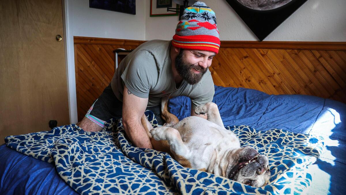 Zachary Strosnider, 31, indulges his rescue English bulldog Tank with snort-inducing back rubs in his bedroom. Strosnider recently moved into a house with two other roommates to help cut down on the cost of rent. Prior to that, he lived alone but his rent began to skyrocket.