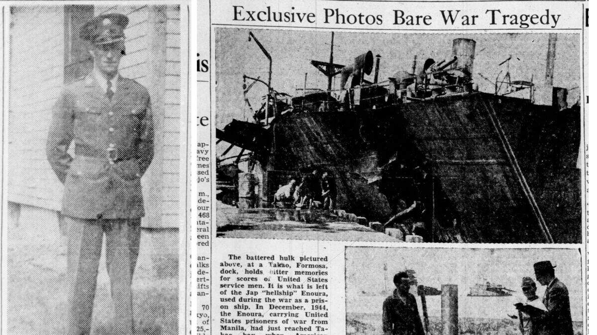 A newspaper clipping about a ship that sank while Charles Atteberry, of Wilder, was being transported as a prisoner of war to Japan.