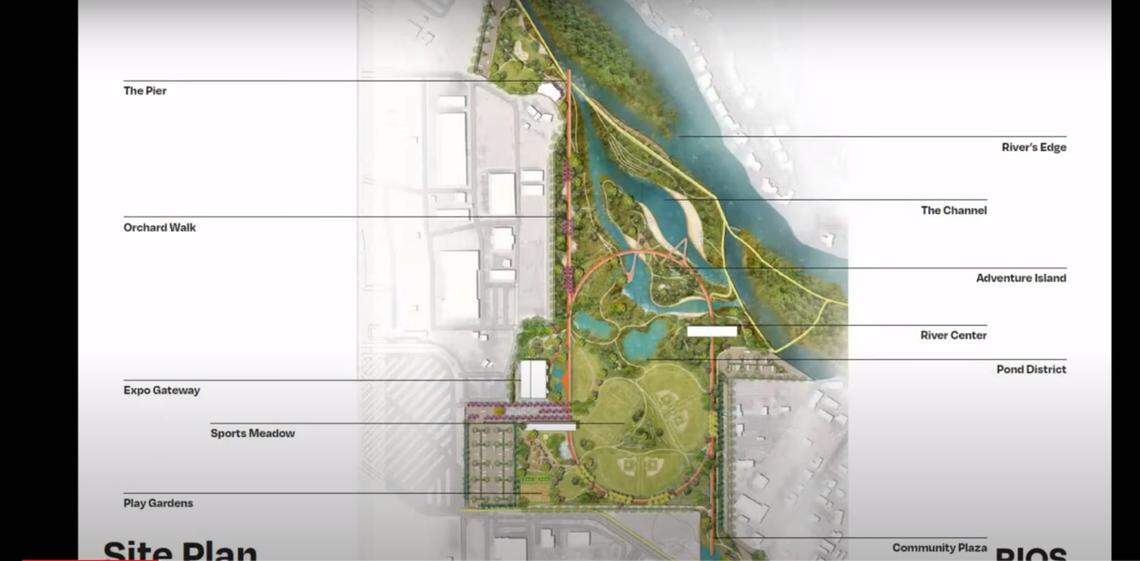 A view of the Expo Idaho park proposed by firm Rios, which retains the original horse racetrack shape while also diverting the river to add an island and more nature pathways.