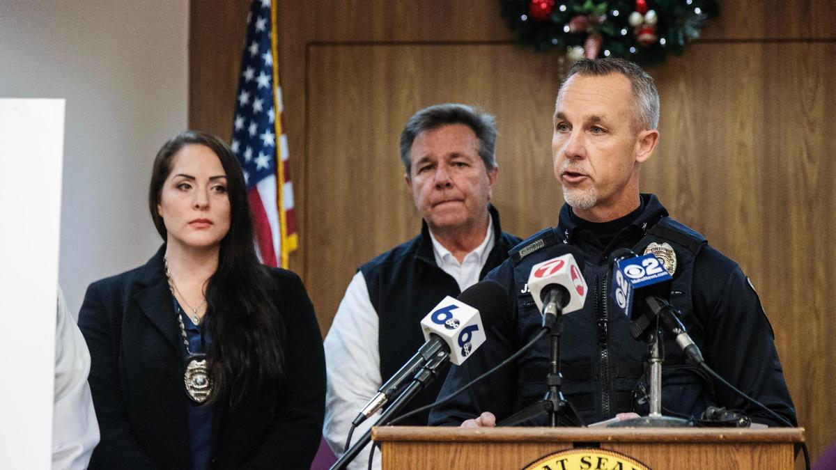 Fruitland Police Chief JD Huff gives an update on the search for Michael Vaughn during a press conference at Fruitland City Hall in 2022.