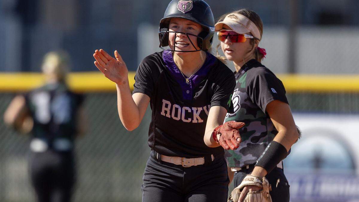 Rocky Mountain junior Brooke Singelyn reacts after reaching second base during their 6A District Three softball tournament semifinals game against Eagle, held at Owyhee, Tuesday, May 5, 2026.