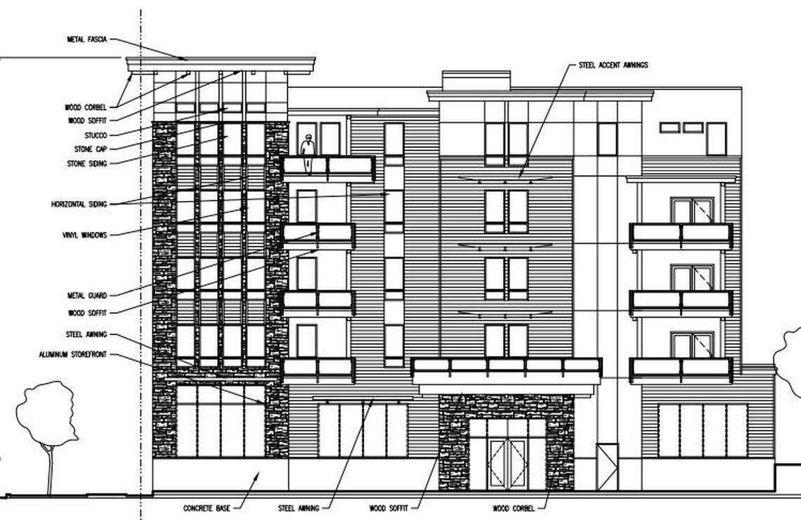 A drawing shows the design for a proposed five-story building with ground-floor offices and upper condominiums at 1620 W. Bannock St. The building would replace the Art Deco Travis Apartments building, built in 1939.