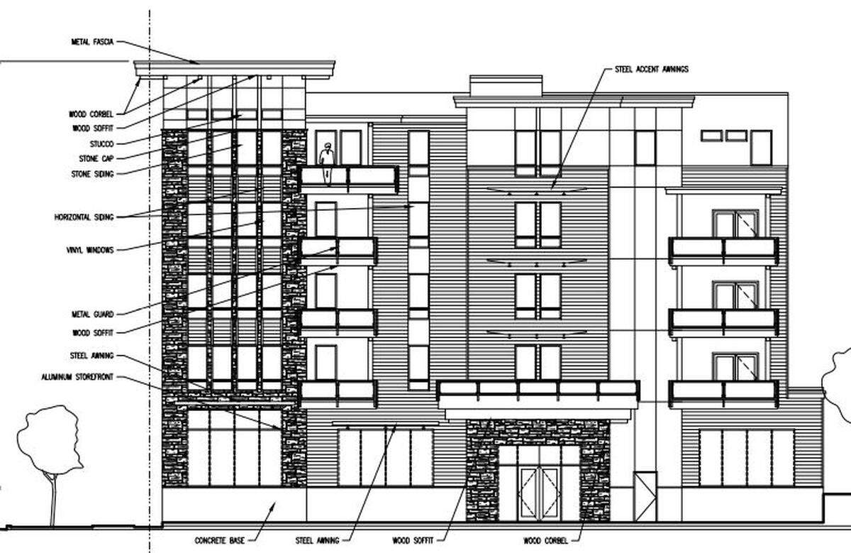 A drawing shows the design for a proposed five-story building with ground-floor offices and upper condominiums at 1620 W. Bannock St. The building would replace the Art Deco Travis Apartments building, built in 1939.