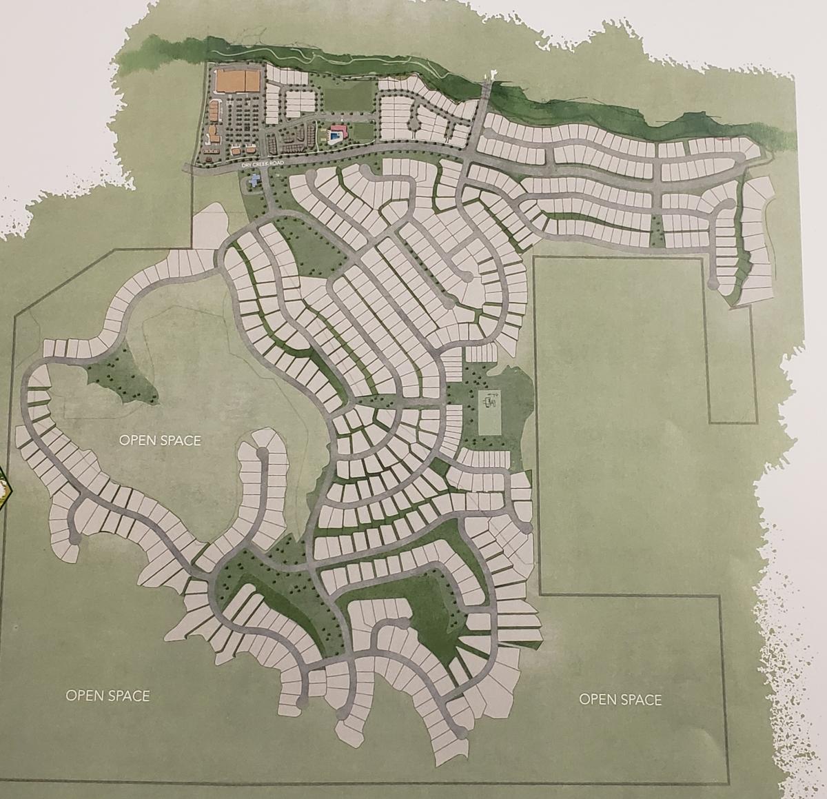 Boise Hunter Homes’ plans for the third phase of its Dry Creek Ranch development off Highway 55 north of Boise include single-family homes and townhouses. Commercial space would be available north of Dry Creek Road, at the upper left, along with the townhouses, a clubhouse and athletic fields.