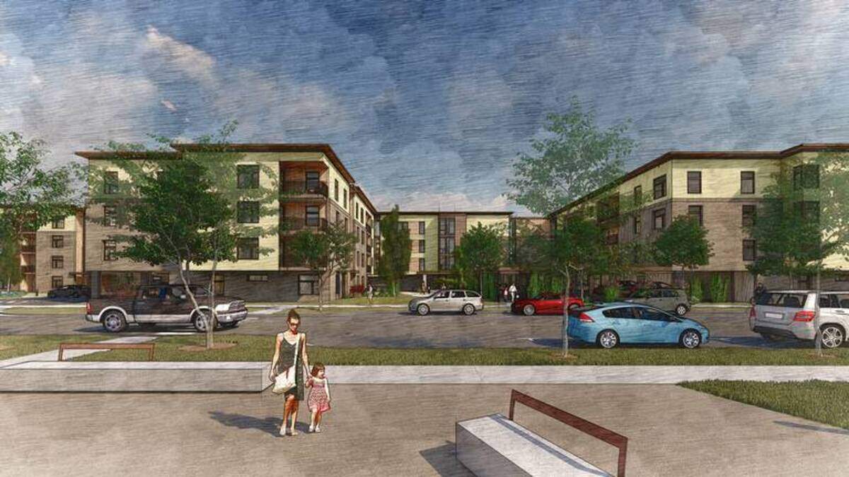 The Molinari Park Apartments would include about 300 units. Here, a view of the courtyard looking out within one of the proposed apartment buildings.