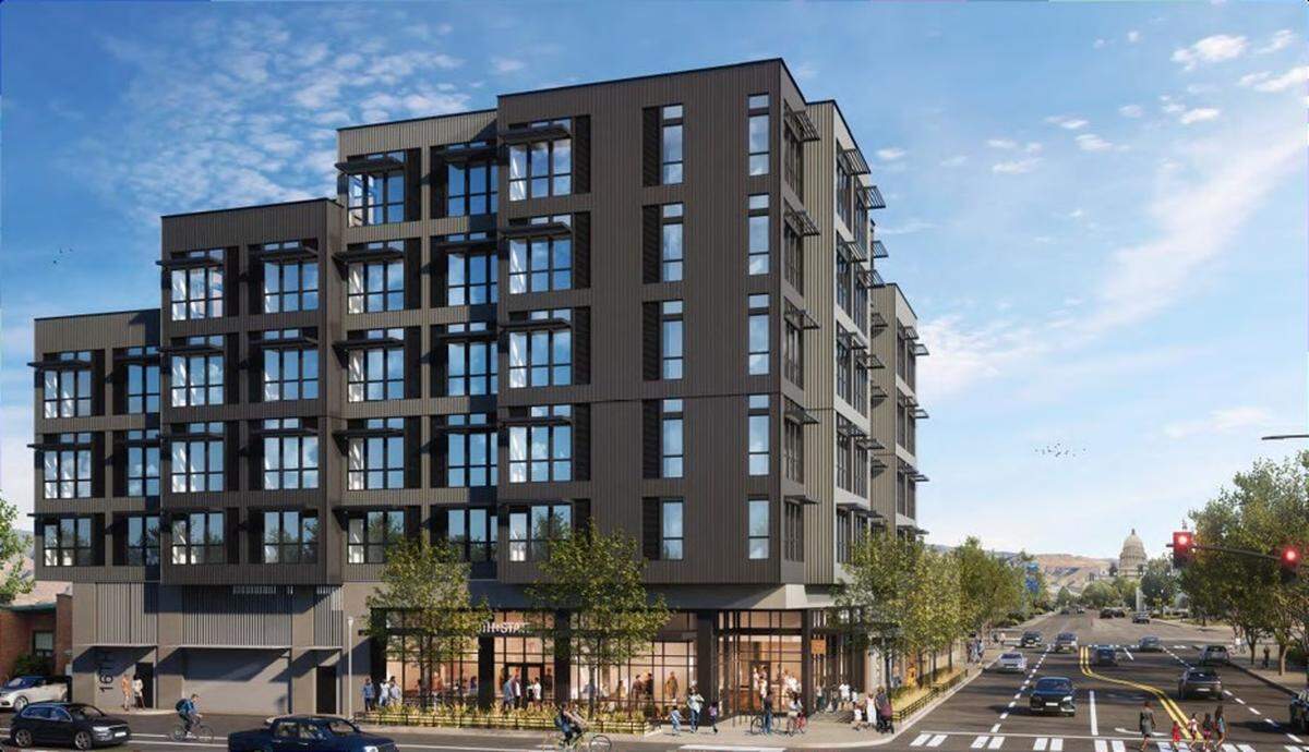 Crews are preparing to start construction on the 104-unit apartment building soon. The building would include ground floor retail, as shown in this rendering. The Idaho Capitol can be seen in background at right.