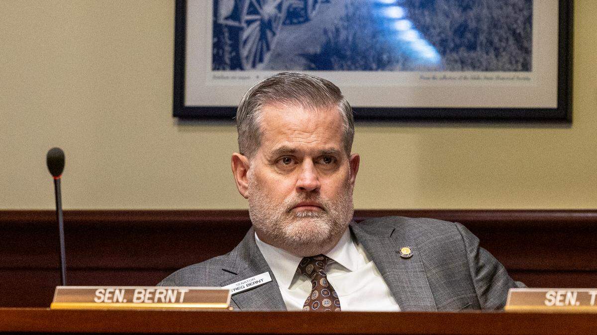Sen. Treg  A.  Bernt, R-Meridian, listens to a presentation on House Bill 521 at the Senate Local Government and Taxation Committee on Tuesday.