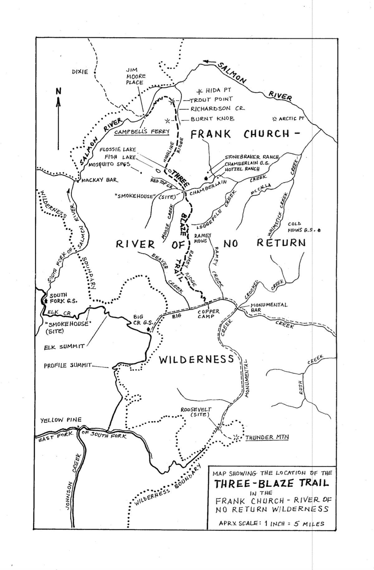 This map, included in a 1995 history of Three Blaze Trail by Peter Preston and the Heritage Program of the Payette National Forest, shows the route of the trail in the early 1900s.