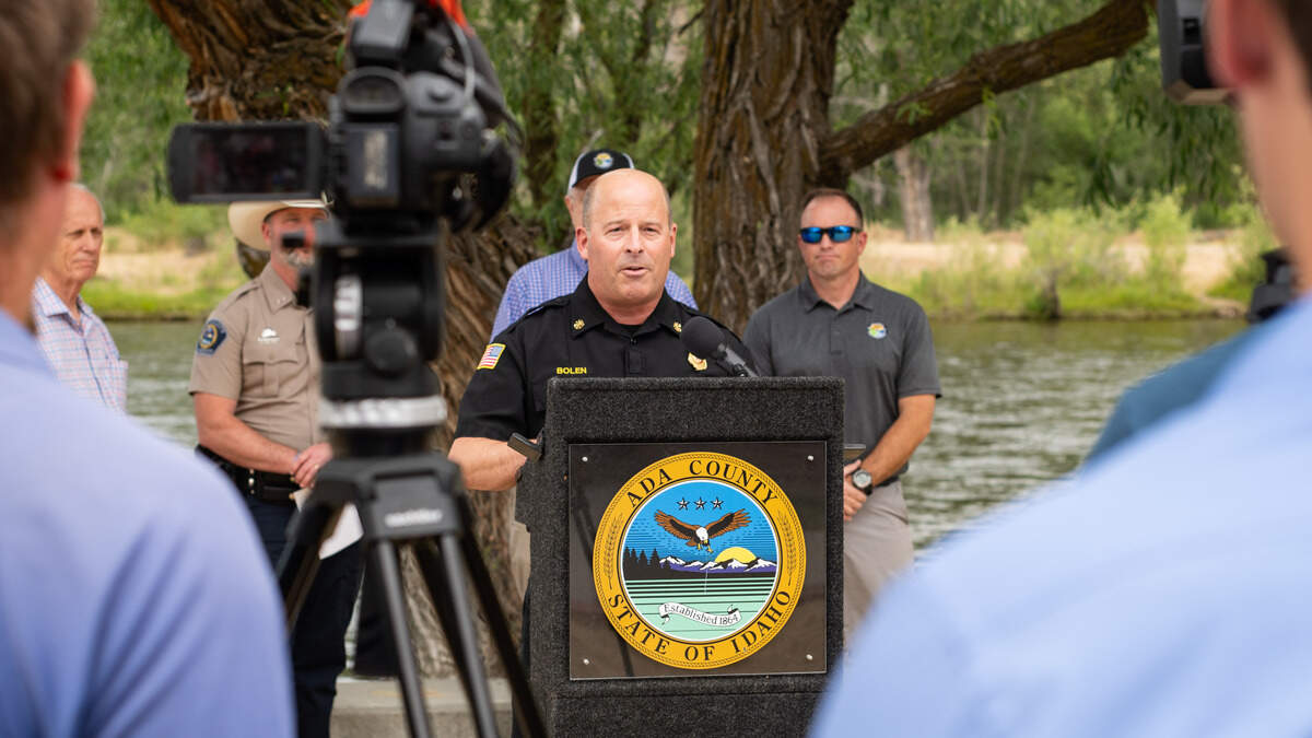 Boise Fire Assistant Chief Brad Bolen speaks to the media. Bolen reiterated the importance of proper swim gear while on the Boise River.