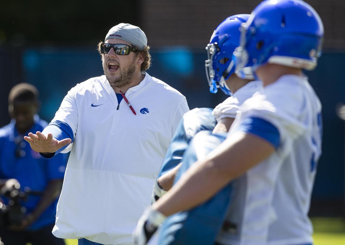 Boise State offensive line coach Brad Bedell at the Broncos’ fall camp Friday, Aug. 2, 2019.