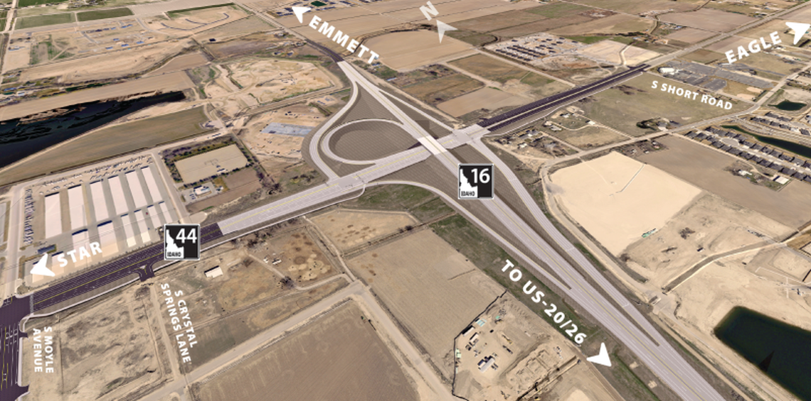 An illustration of the planned partial cloverleaf interchange at Idaho 16 and Idaho 44. The loop ramp on the northwest side of the interchange will replace a risky left-turn that now exists at the busy intersection, according to ITD.