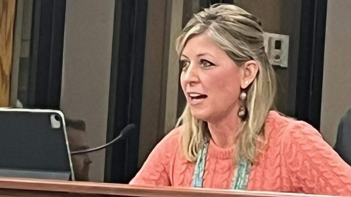 Canyon County Commissioner Keri Smith speaks to county residents at the county courthouse in Caldwell.