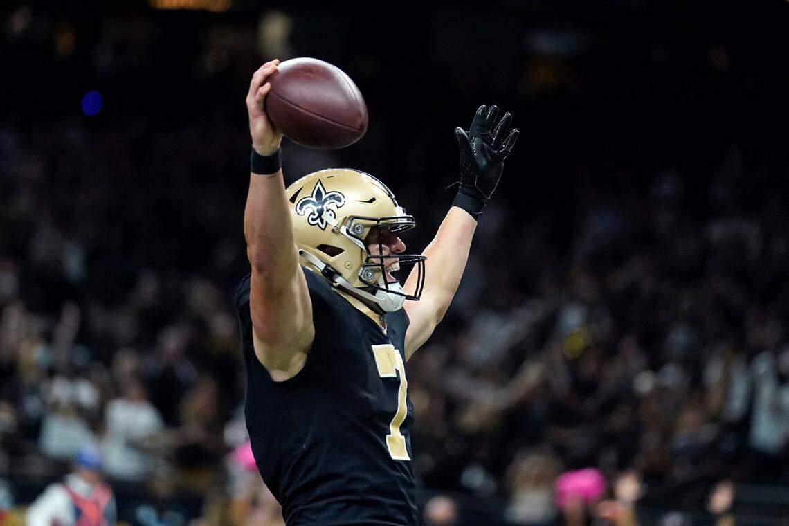 New Orleans Saints quarterback Taysom Hill celebrates his second touchdown of the game during a 27-21 overtime loss to the New York Giants on Sunday in New Orleans.