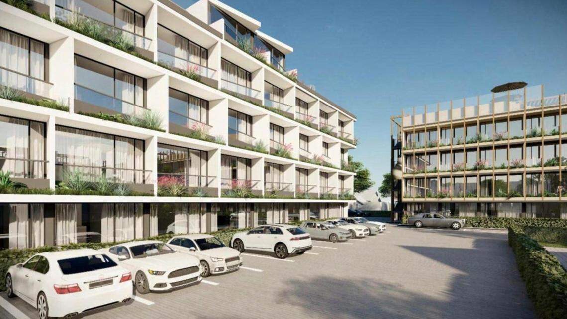 This rendering shows the project from the ground floor parking area.