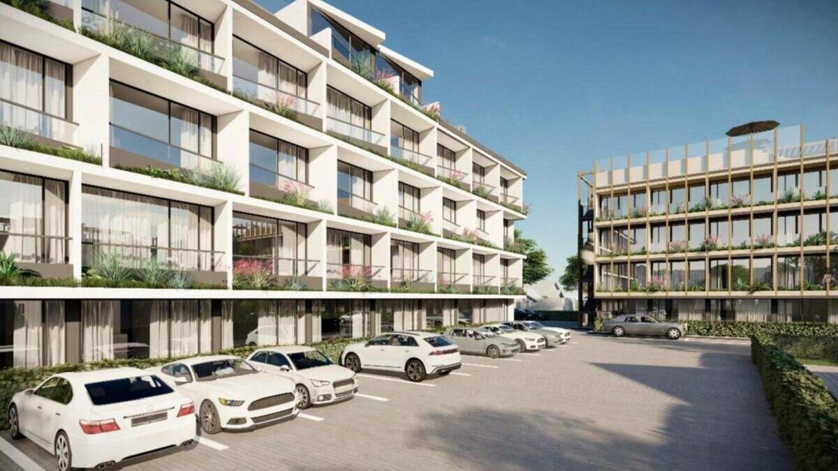 This rendering shows the project from the ground floor parking area.