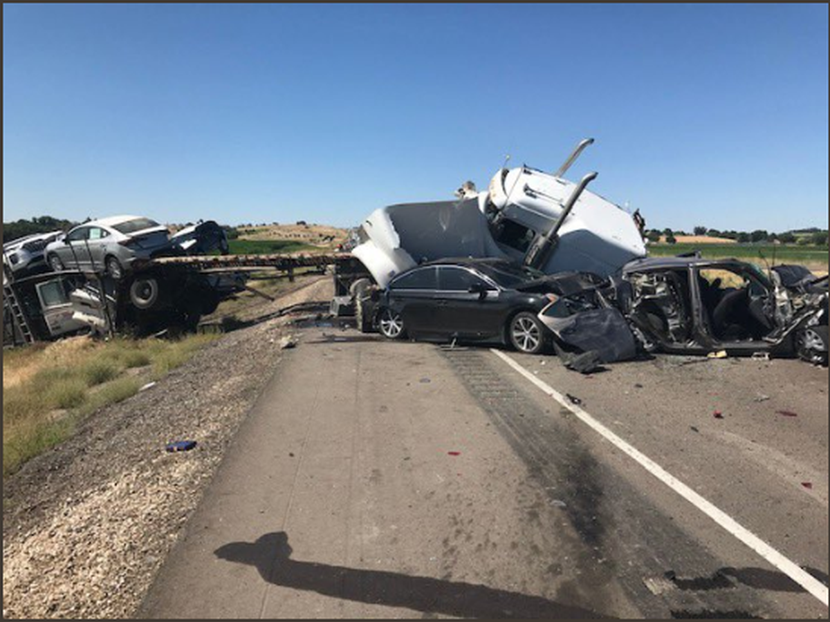 This multiple-vehicle crash is blocking Interstate 84 west of Caldwell Friday.