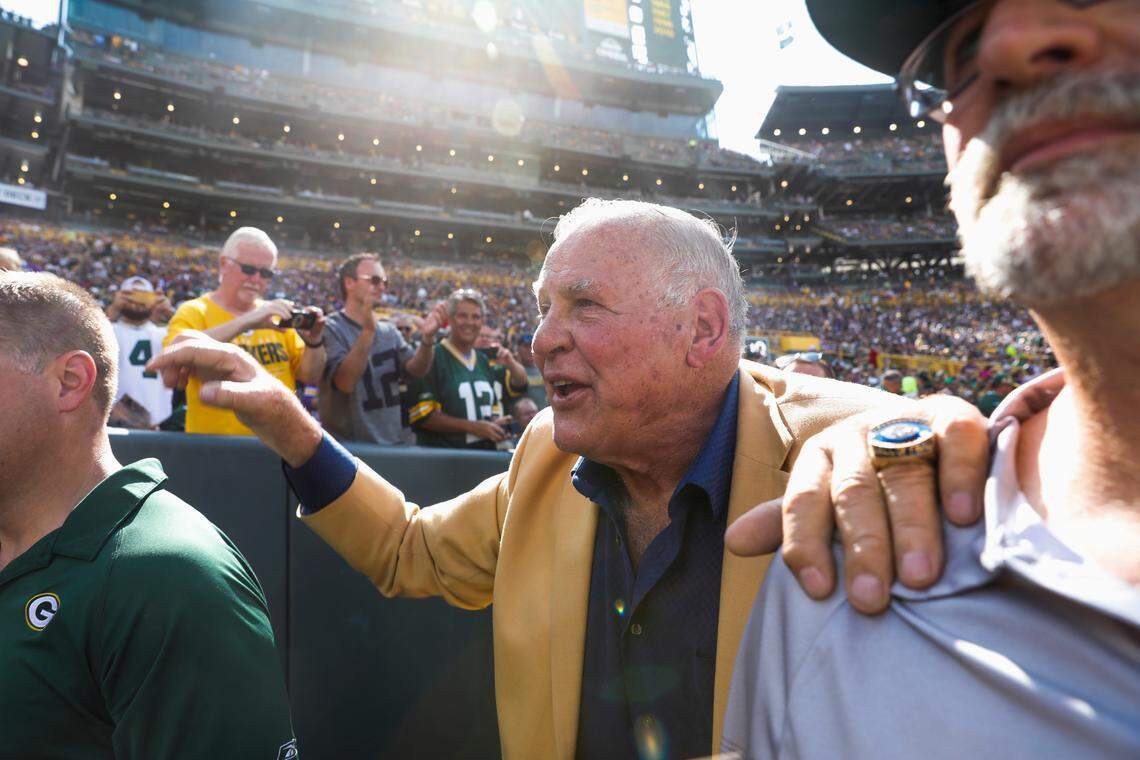 Former Green Bay Packer and Pro Football Hall of Famer Jerry Kramer is honored at a halftime ceremony of an NFL game between the Green Bay Packers and the Minnesota Vikings on Sept. 16, 2018, in Green Bay, Wis.