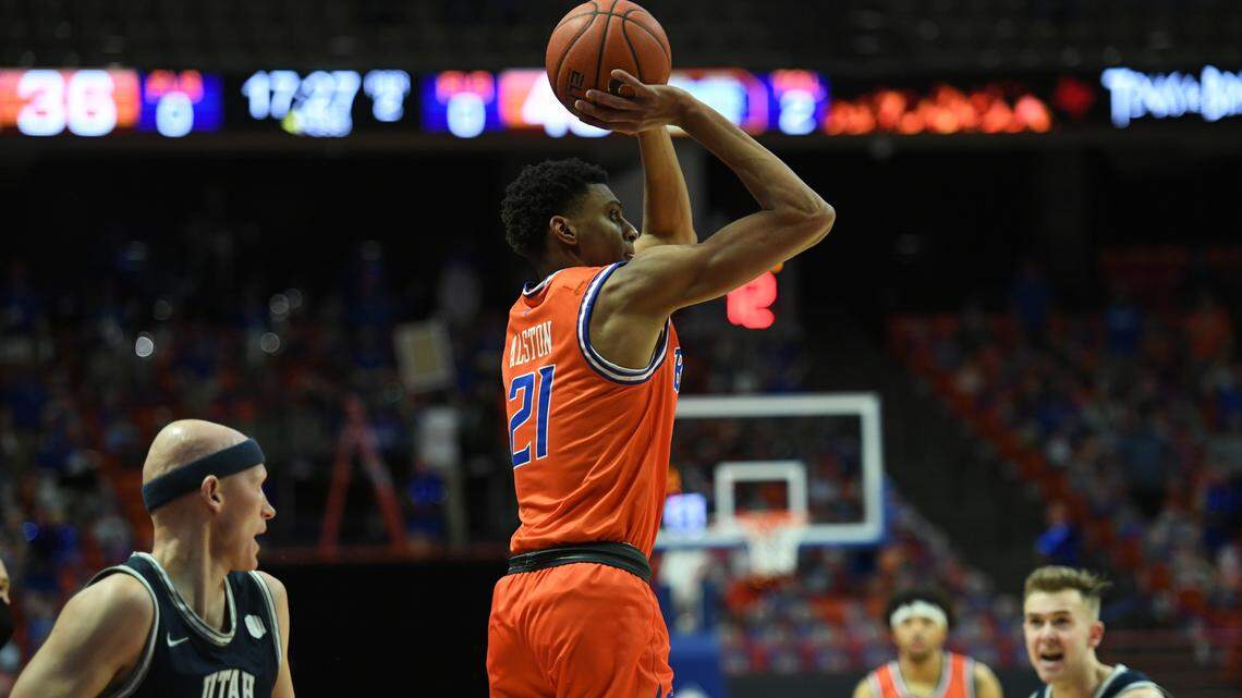 Derrick Alston Jr. led four Broncos in double figures with 23 points as Boise State defeated Utah State 81-77 on Friday at ExtraMile Arena.