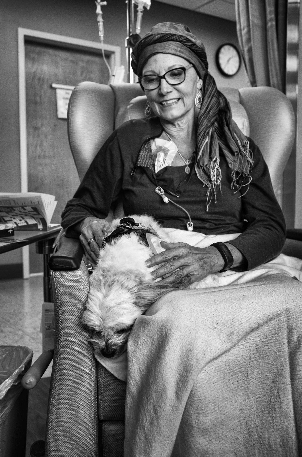 Diane Markus asked to pet Cody and have a photograph while she received an infusion Feb. 18, 2020, at Saint Alphonsus Regional Medical Center in Boise. Markus is documenting her journey through her illness and was eager to participate.