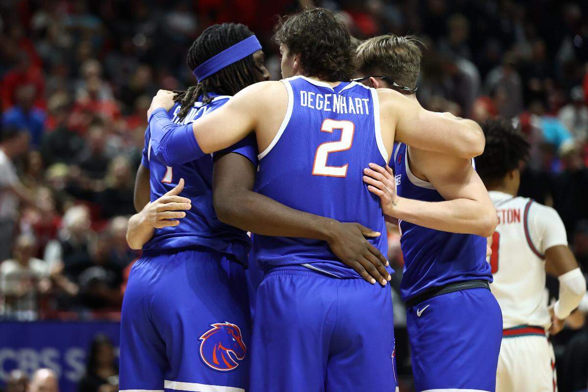 Boise State’s Tyson Degenhart gathers with teammates during the Mountain West Conference Tournament last season.