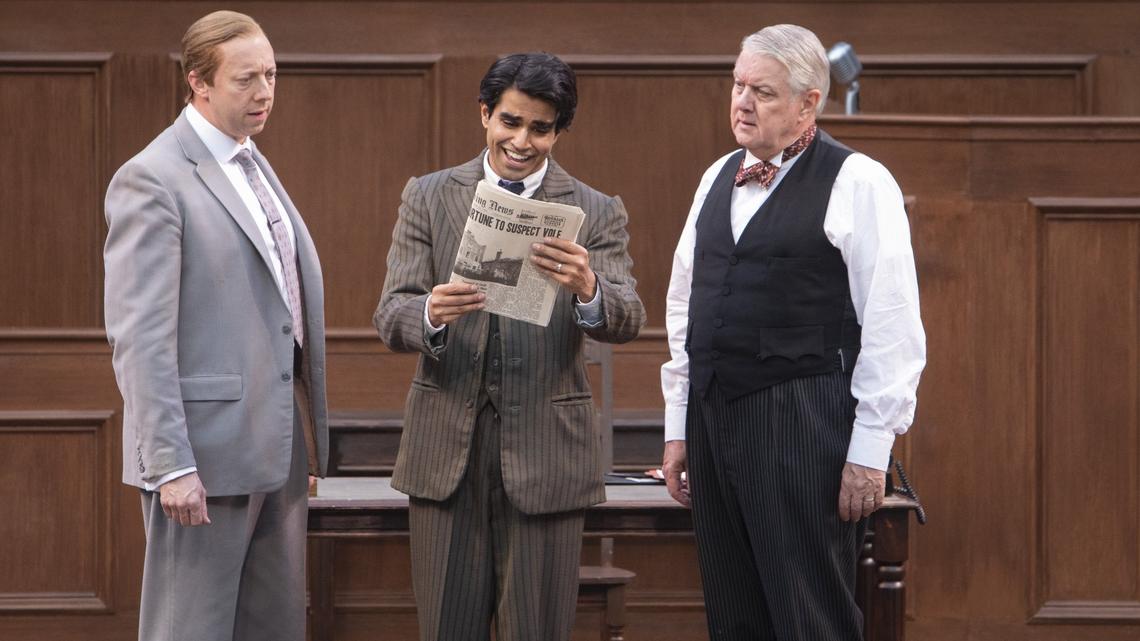 Leonard Vole (Taha Mandviwala), center, a suspect in the murder of Emily French, an elderly and wealthy woman, learns to his surprise that she made him her heir. He has sought legal help from clerk Carter (M.A. Taylor), left, and Sir Wilfrid Robarts, QC, (Aled Davies) senior counsel in the Idaho Shakespeare Festival rendition of Agatha Christie’s “Witness for the Prosecution.”