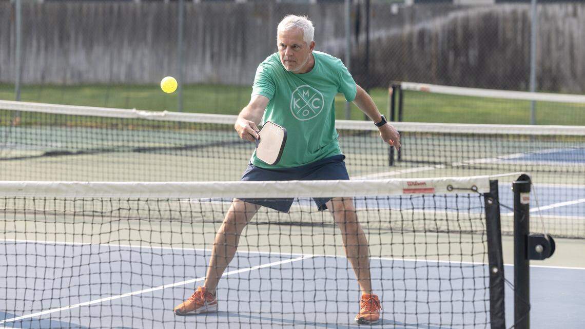Chris Sallas plays pickleball at the Manitou Park pickleball courts in Boise, Friday, August. 29, 2025. 