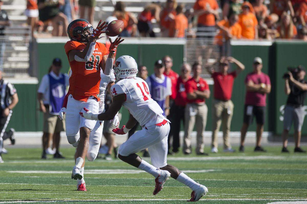 Colorado State senior receiver Olabisi Johnson (81) catches a long pass from quarterback K.J. Carta-Samuels over Illinois State defensive back Luther Kirk on Sept. 22 at Canvas Stadium in Fort Collins, Colo. The Rams lost 35-19.
