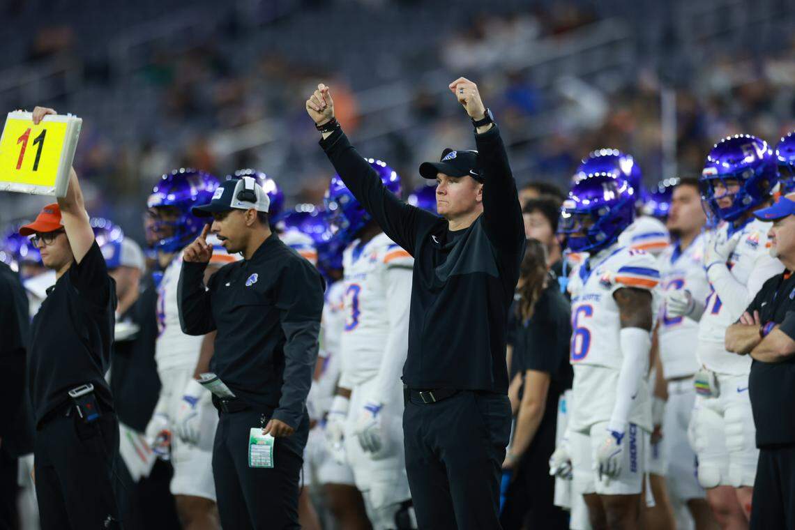 Boise State head coach Spencer Danielson motions to his team during the fourth quarter of Boise State’s 38-10 loss to Washington in the LA Bowl on Saturday night.