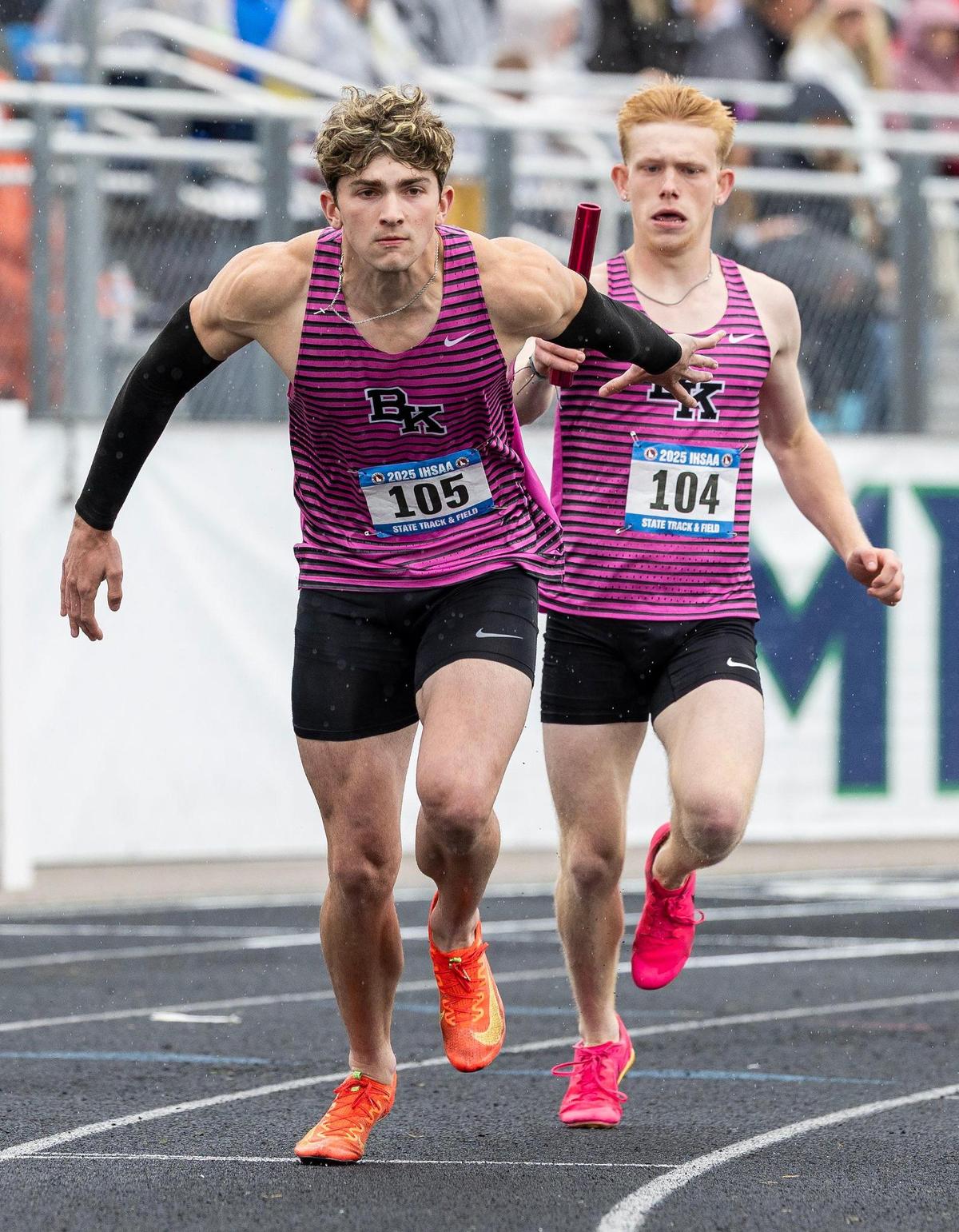 Bishop Kelly competes in the 5A boys 4x200 relay on Saturday at Mountain View High School.