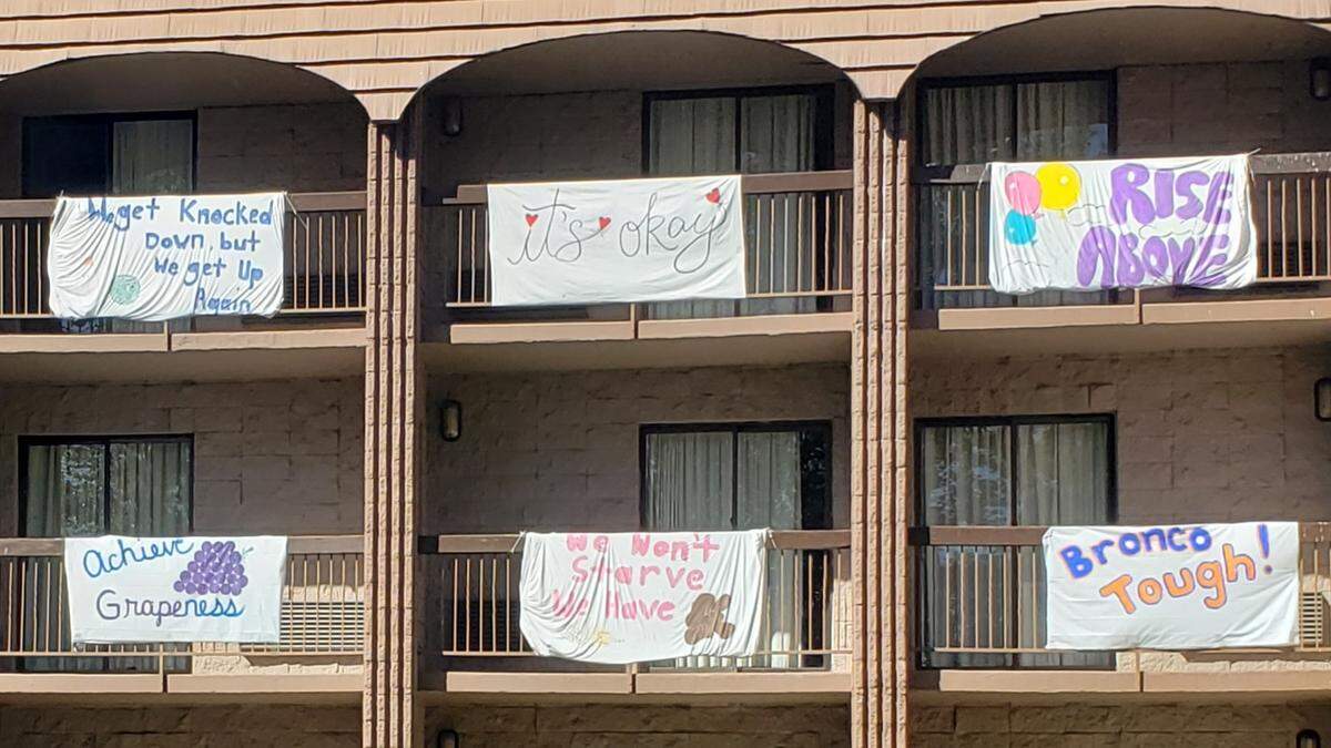 During the early months of the coronavirus pandemic, banners offer encouragement were hung on balconies of Cottonwood Suites rooms facing the Boise Greenbelt.