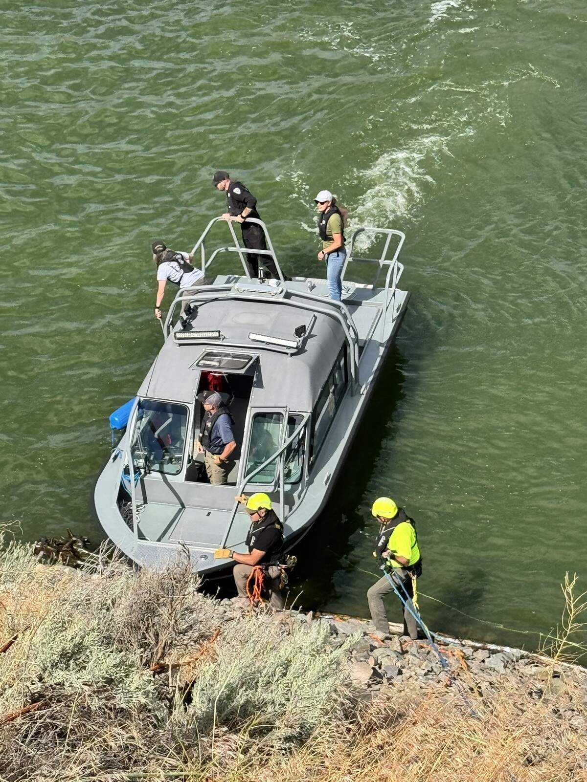 Members of the Baker County Search and Rescue team worked to recover a submerged vehicle from the Snake River north of Huntington, Oregon, on July 6, 2026. The late model Honda Accord was reported stolen out of Caldwell, Idaho, in June.