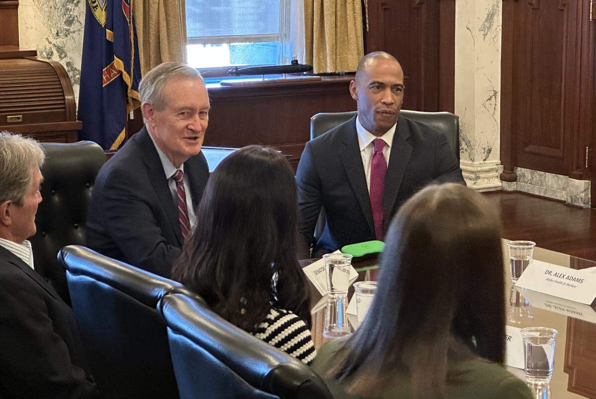 U.S. Sen. Mike Crapo, R-Idaho, left, joined U.S. Housing and Urban Development Secretary Scott Turner at the state Capitol in Boise last month. Crapo condemned Senate Democrats for stalling Davis’ confirmation as U.S. attorney. 